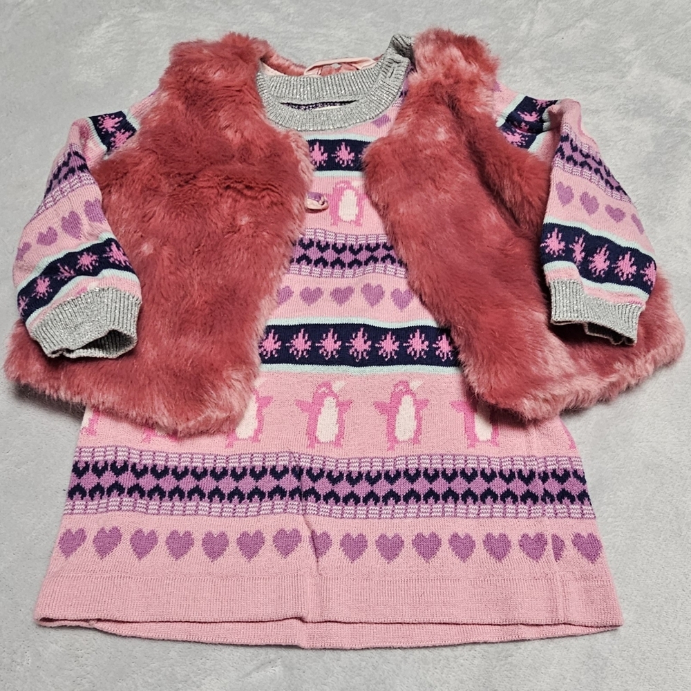 Hatley Baby - 9-12m - Pink Penguin Sweater Dress with Faux Fur Vest